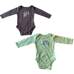 Set of 2 Vintage BabiesRUs Longsleeve Embroidered Onesie 0-3 Month Brown & Green